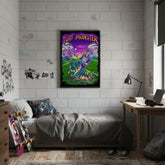 Hobo Lax Turf Monster poster hanging on bedroom wall showing vibrant purple sunset and lacrosse scene